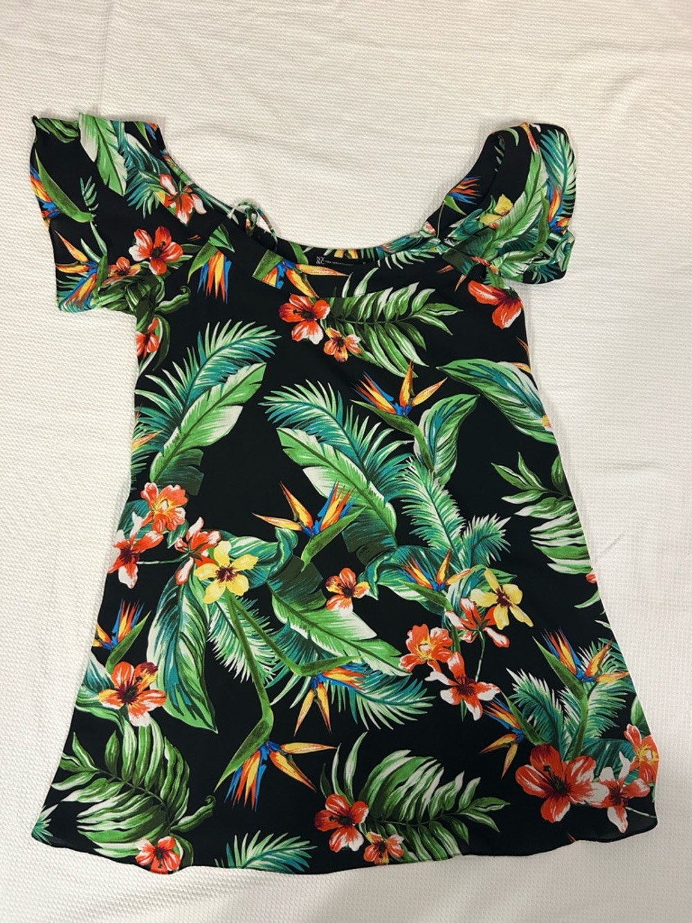Women's Tropical Off-Shoulder Top - Black with Green & Floral Print
